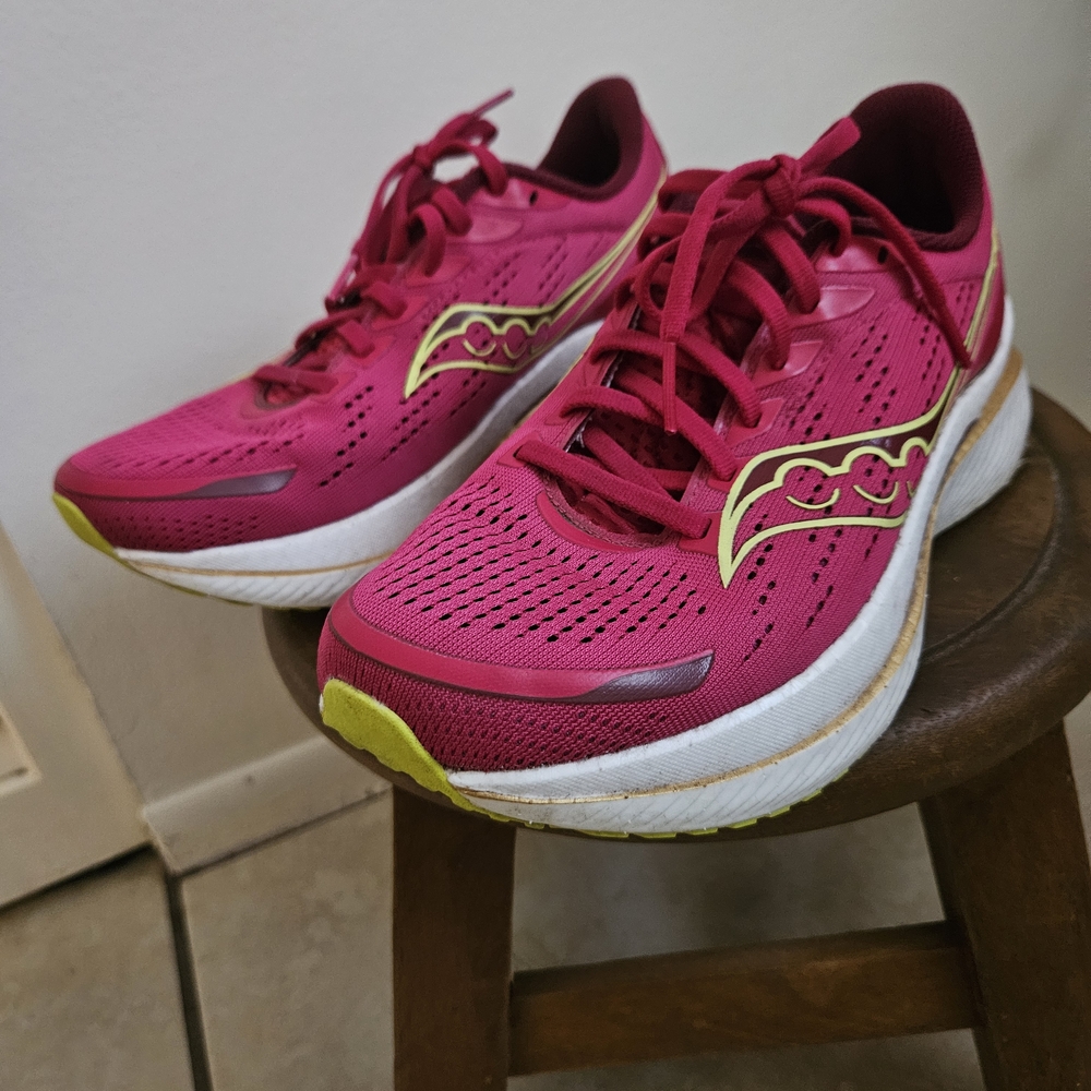 Saucony Endorphin Speed 3 Pink and Yellow Athletic Shoes with Mesh Design